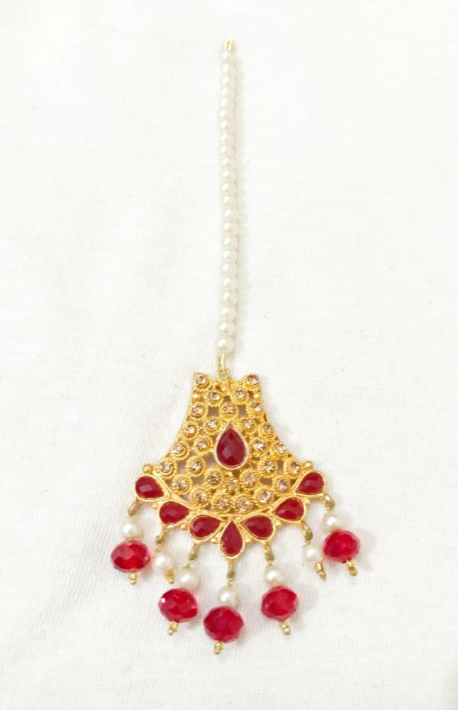 Golden Bindiya with Red Gemstones & Pearls for Women