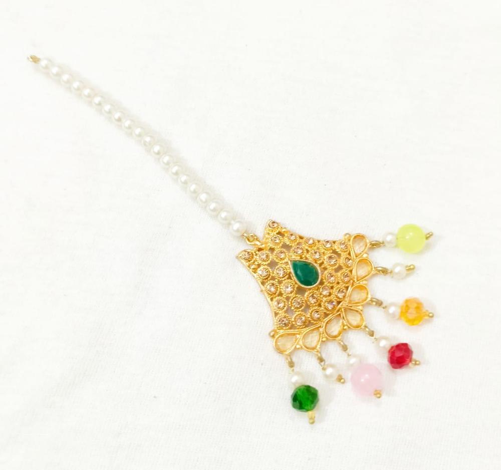 Golden Bindiya with Red Gemstones & Pearls for Women