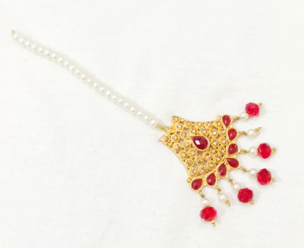 Golden Bindiya with Red Gemstones & Pearls for Women