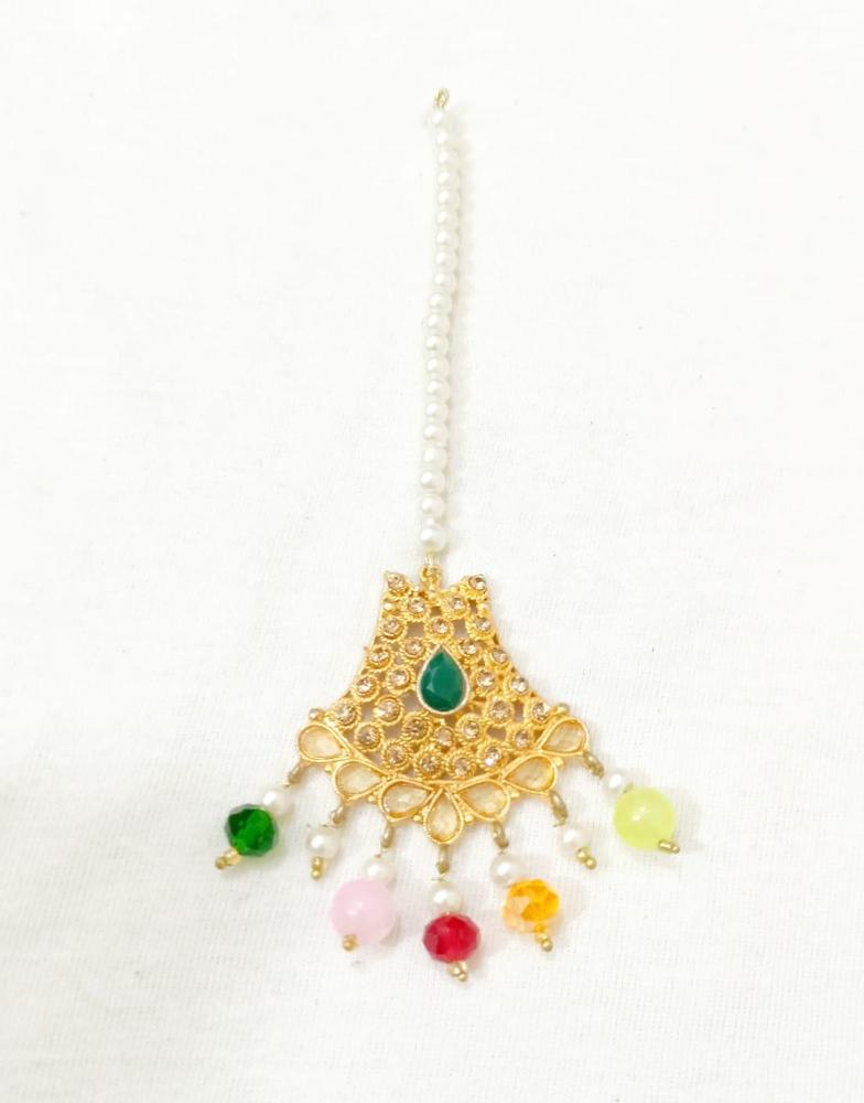 Golden Bindiya with Red Gemstones & Pearls for Women