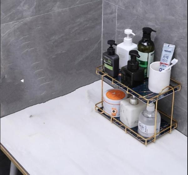 Metal Makeup Organizer with Marble Glass Top