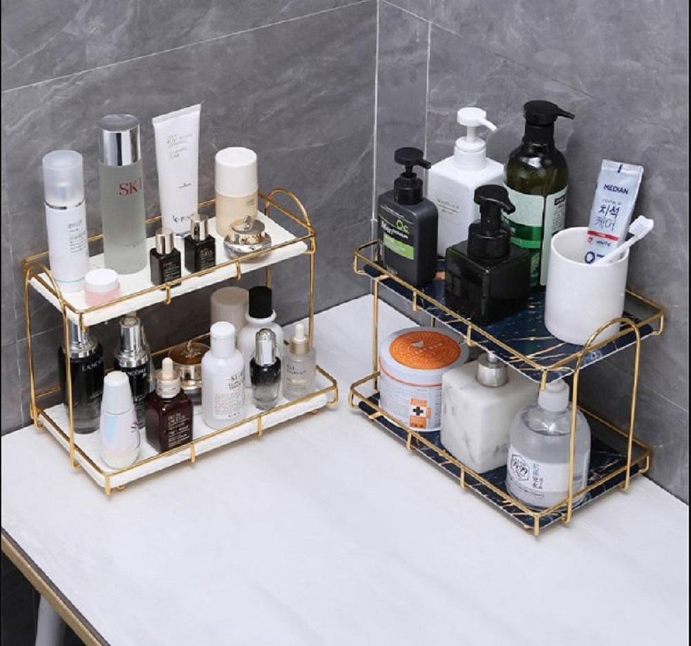 Metal Makeup Organizer with Marble Glass Top