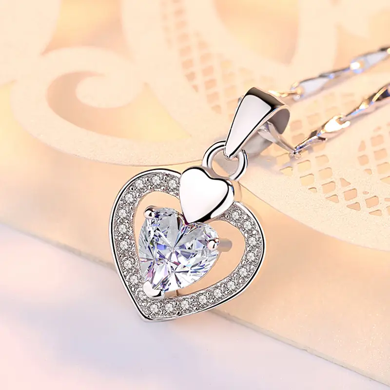 Sterling Silver Heart Pendant Necklace with Purple Diamond