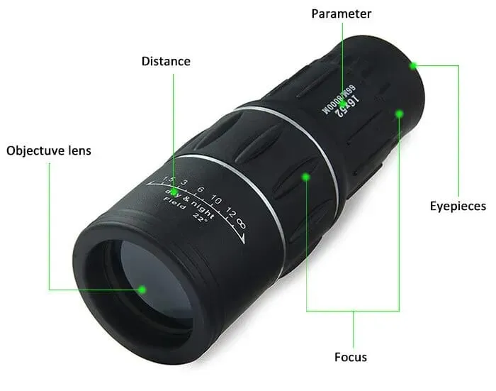 Bushnell Monocular Image Magnification 16X Objective Lens Diameter 52mm Focus System Eyepiece System Rotating Around Prism System Roof Eye relief 18mm Exit Pupi