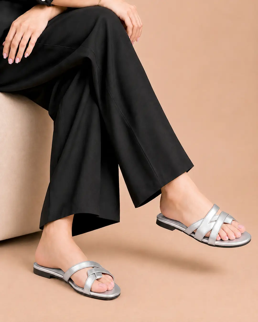 Metallic Cross Strap Slip-On Flat - 077 - Silver