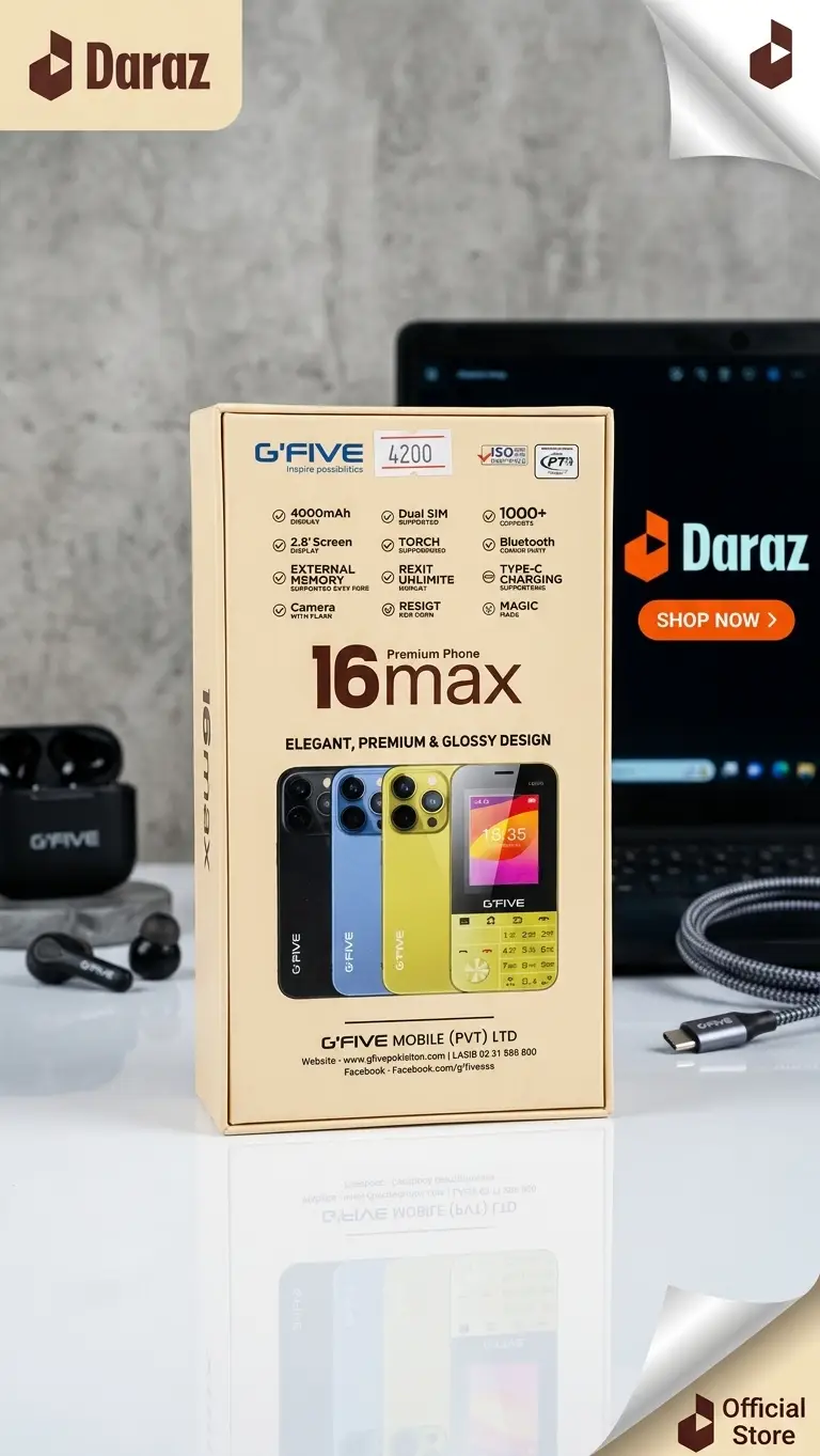 G’FIVE 16 Max Feature Phone – 4000mAh Battery, 2.4” Display, Digital Camera, FM Radio & Memory Card Support