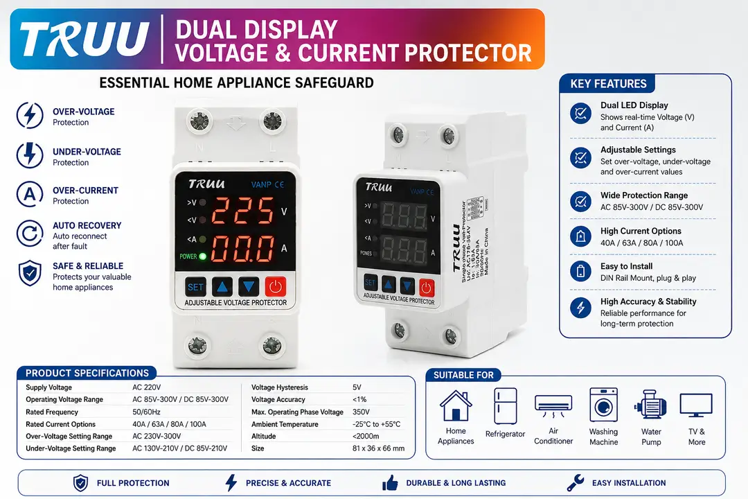 Adjustable Voltage & Current Protector 63A– Digital Display
